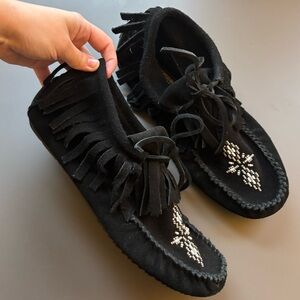 Black Fringe Manitobah Moccasins with Beaded Detail